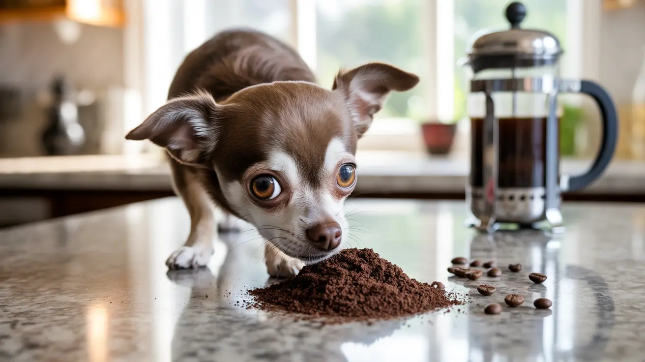 Small Chihuahua dog sniffing ground coffee on a kitchen countertop near a French press
