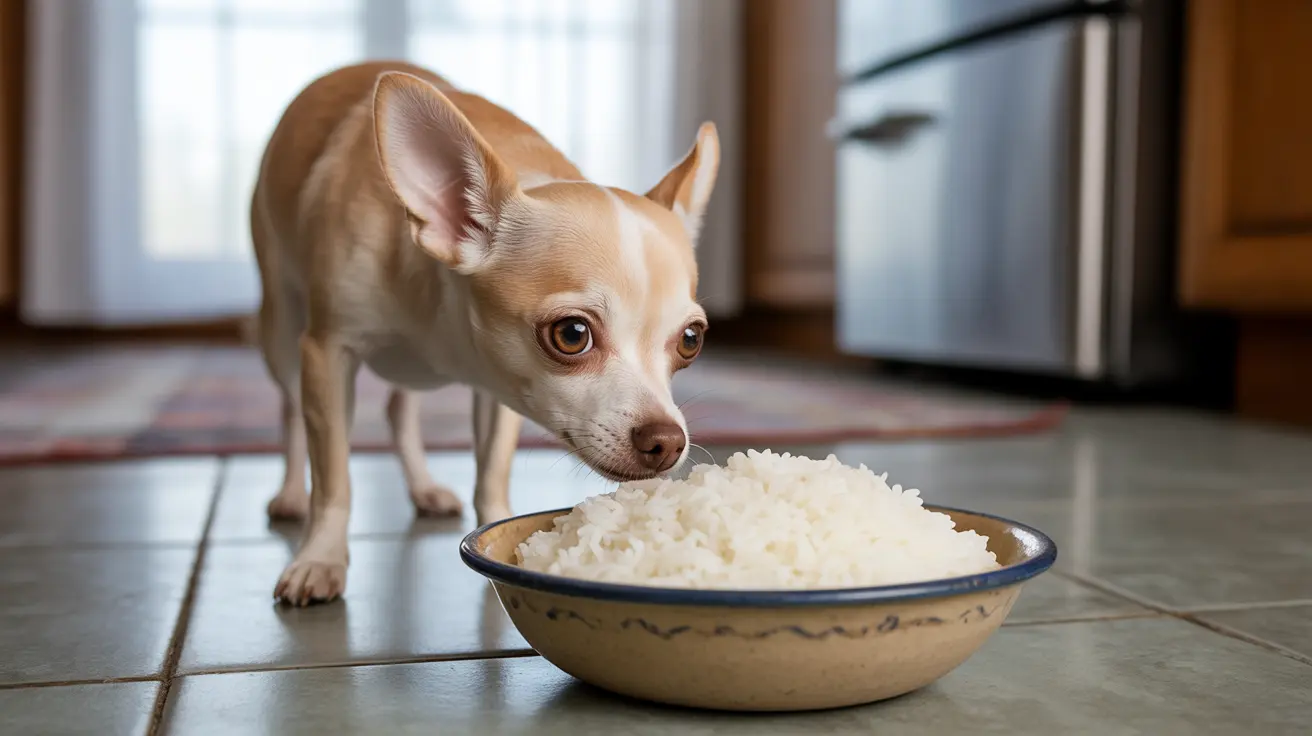Small light-colored Chihuahua sniffing a large bowl of white rice in a kitchen
