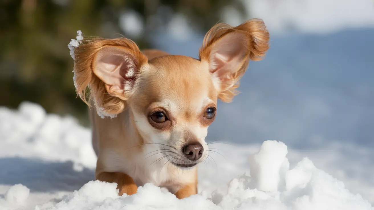 Small reddish-brown Chihuahua with long ears playing in fresh white snow