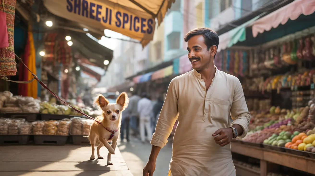 A small Chihuahua on a leash with a companion in a spice market