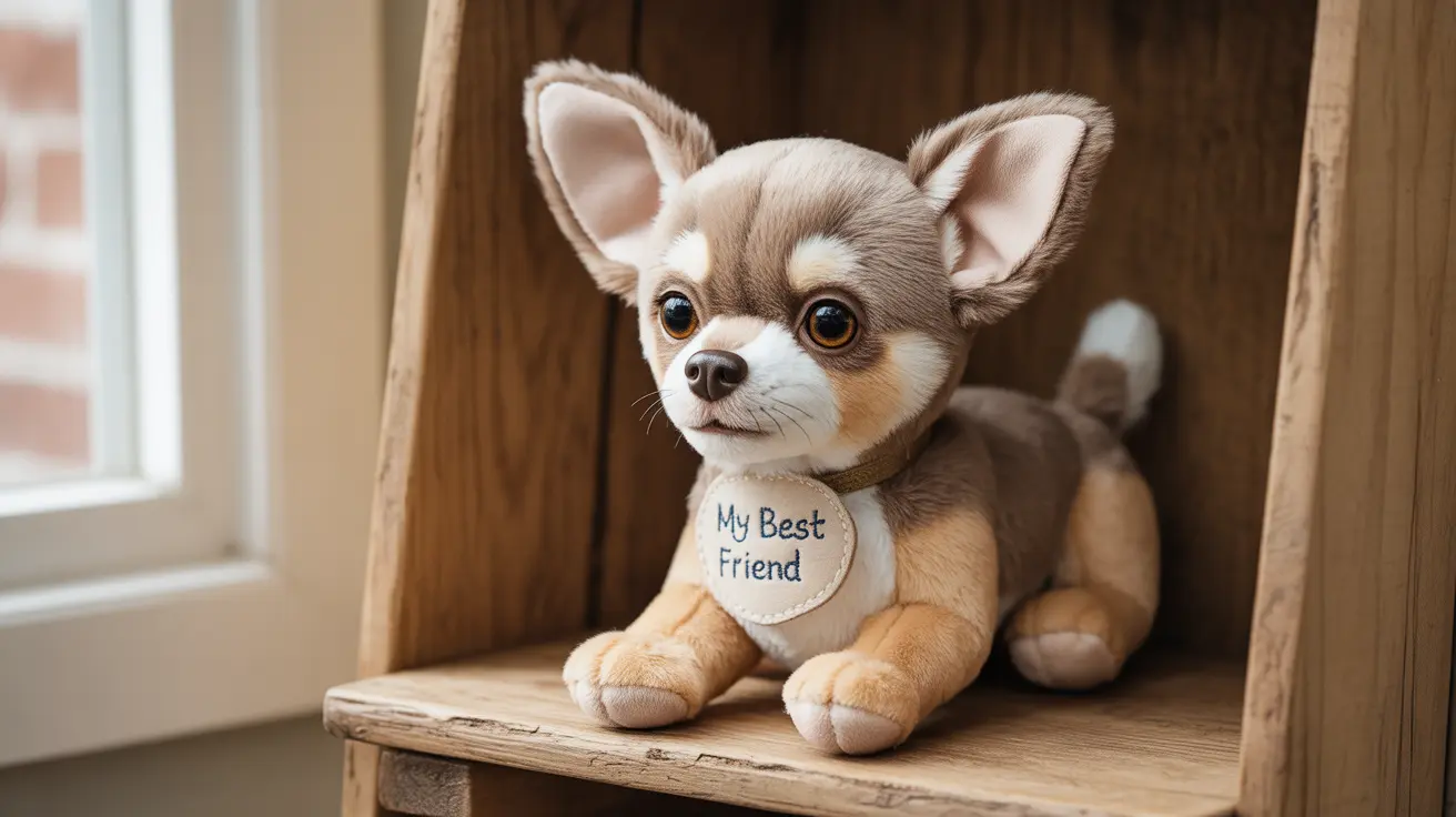 A soft, plush Chihuahua stuffed animal sitting on a wooden shelf near a window