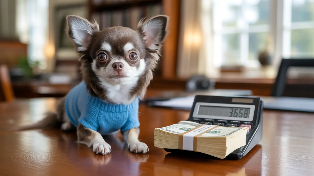Un petit Chihuahua vêtu d'un pull bleu est assis à côté d'une calculatrice et d'une pile de billets sur une table en bois.
