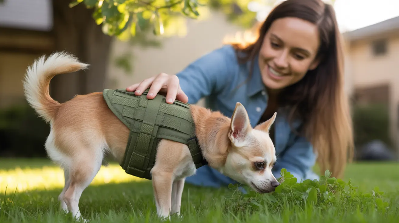 Small Chihuahua wearing green tactical-style vest sniffing grass with woman watching nearby