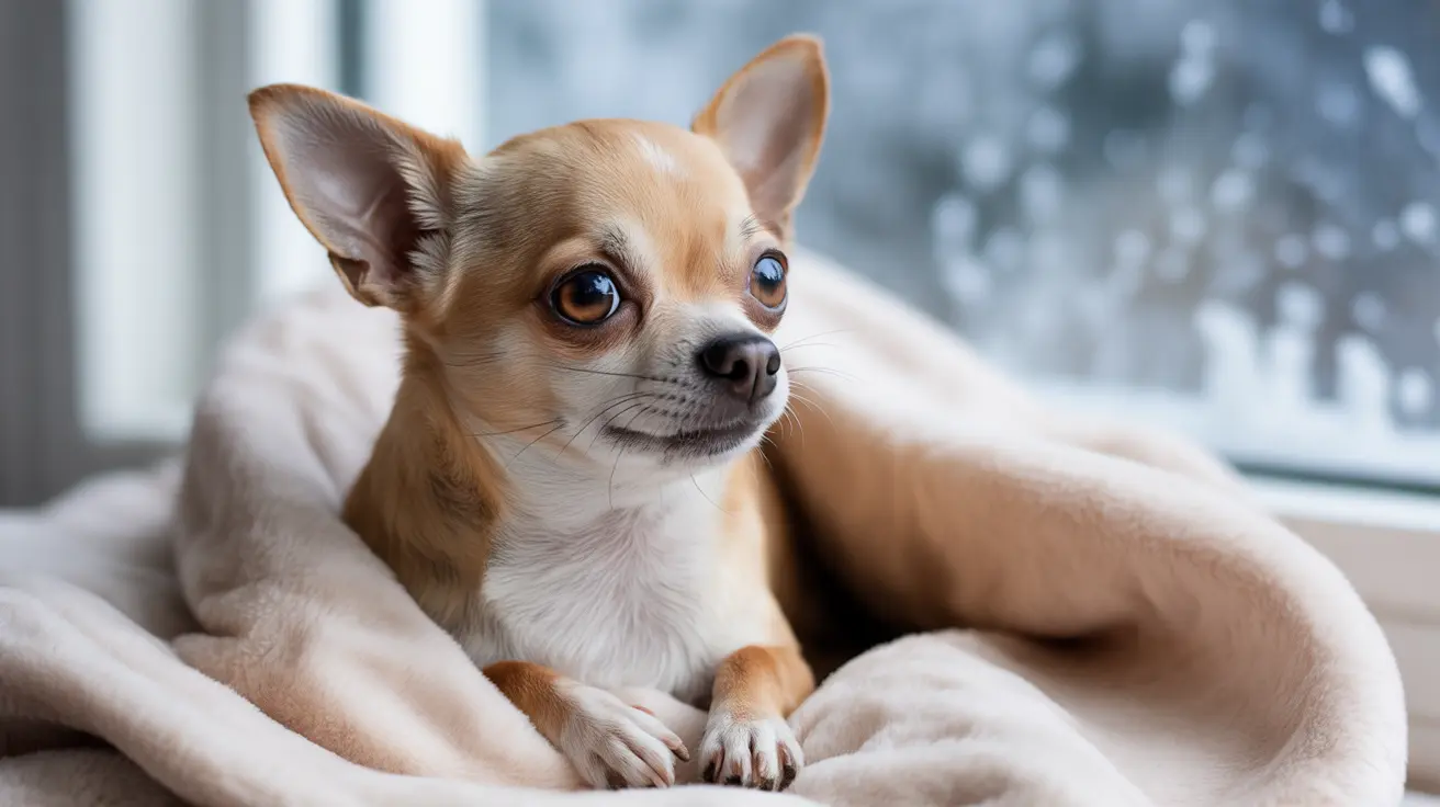 Tan and white Chihuahua resting on a soft beige blanket indoors