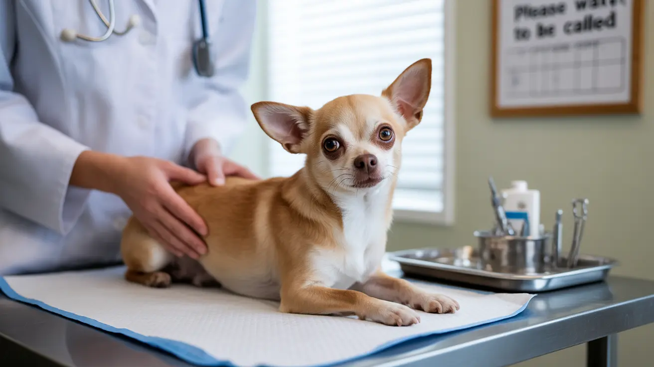 A small Chihuahua sits on an examination table during a veterinary check-up