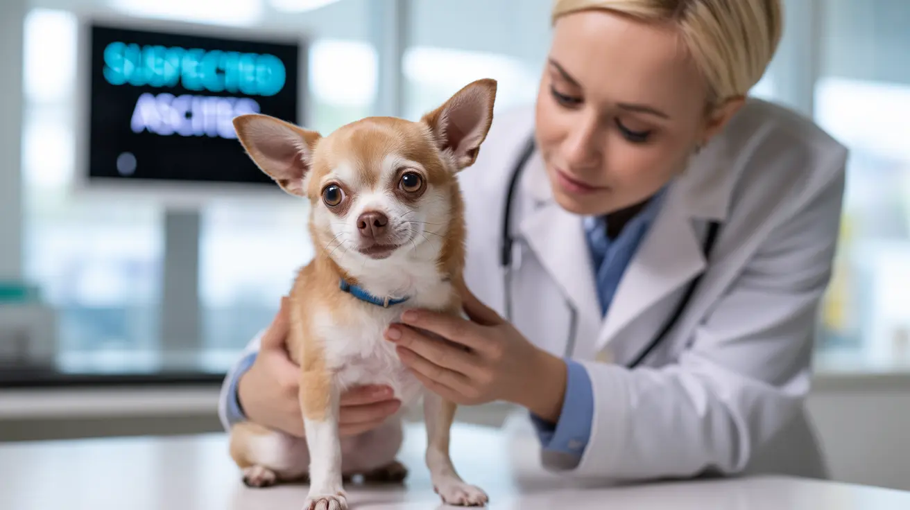A small Chihuahua receiving a medical examination from a veterinarian in a clinical setting