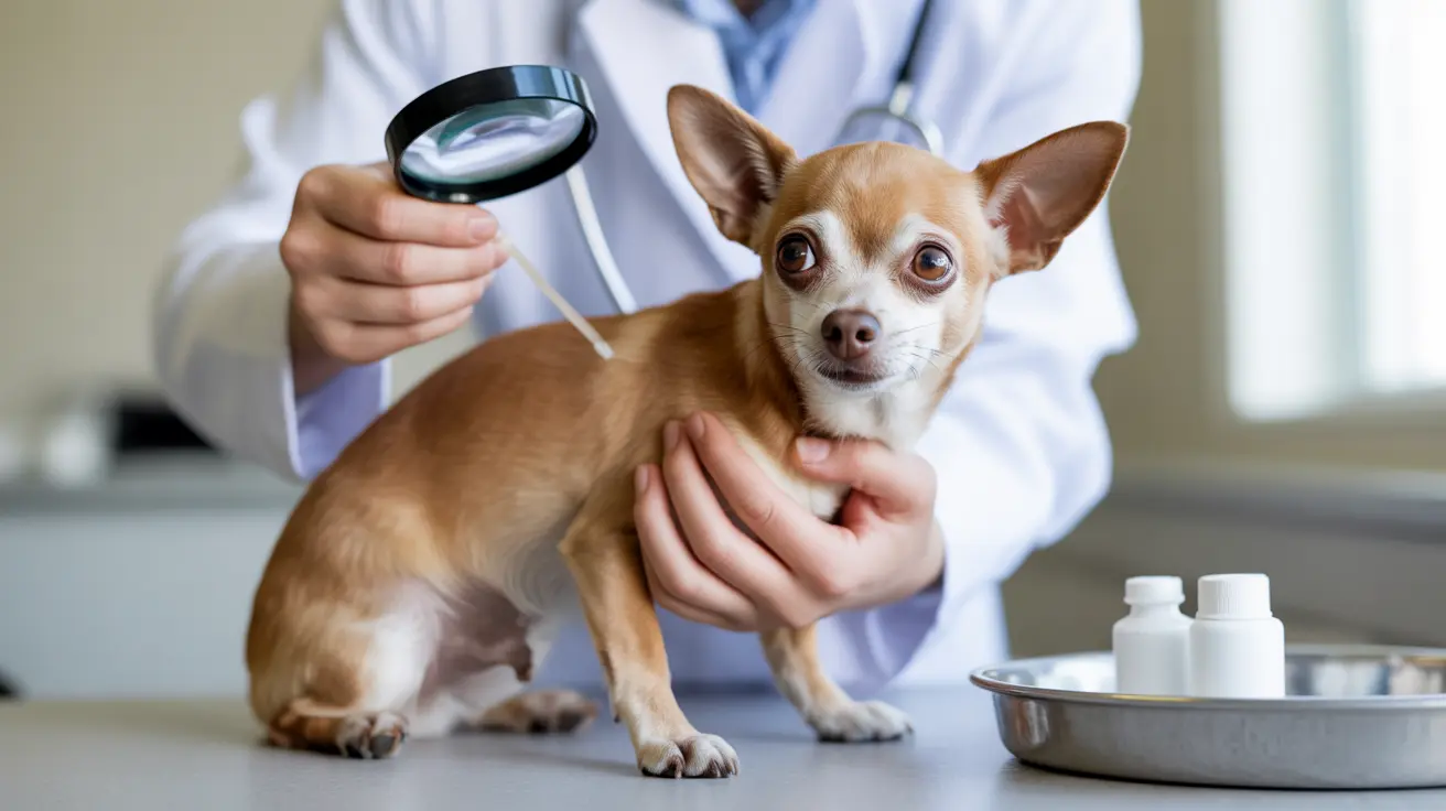 A small tan and white Chihuahua being examined by a veterinarian using a magnifying glass