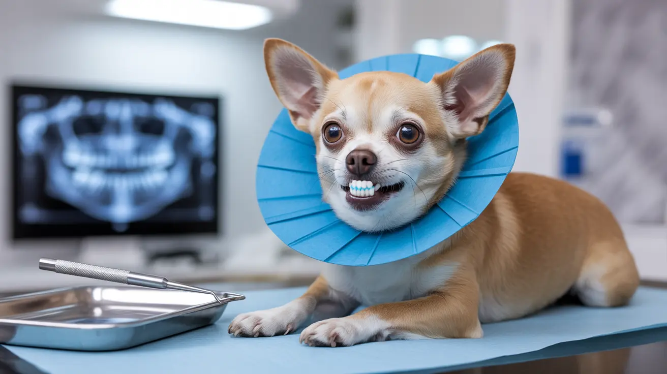Small Chihuahua wearing blue protective cone during veterinary dental exam with dental x-ray in background