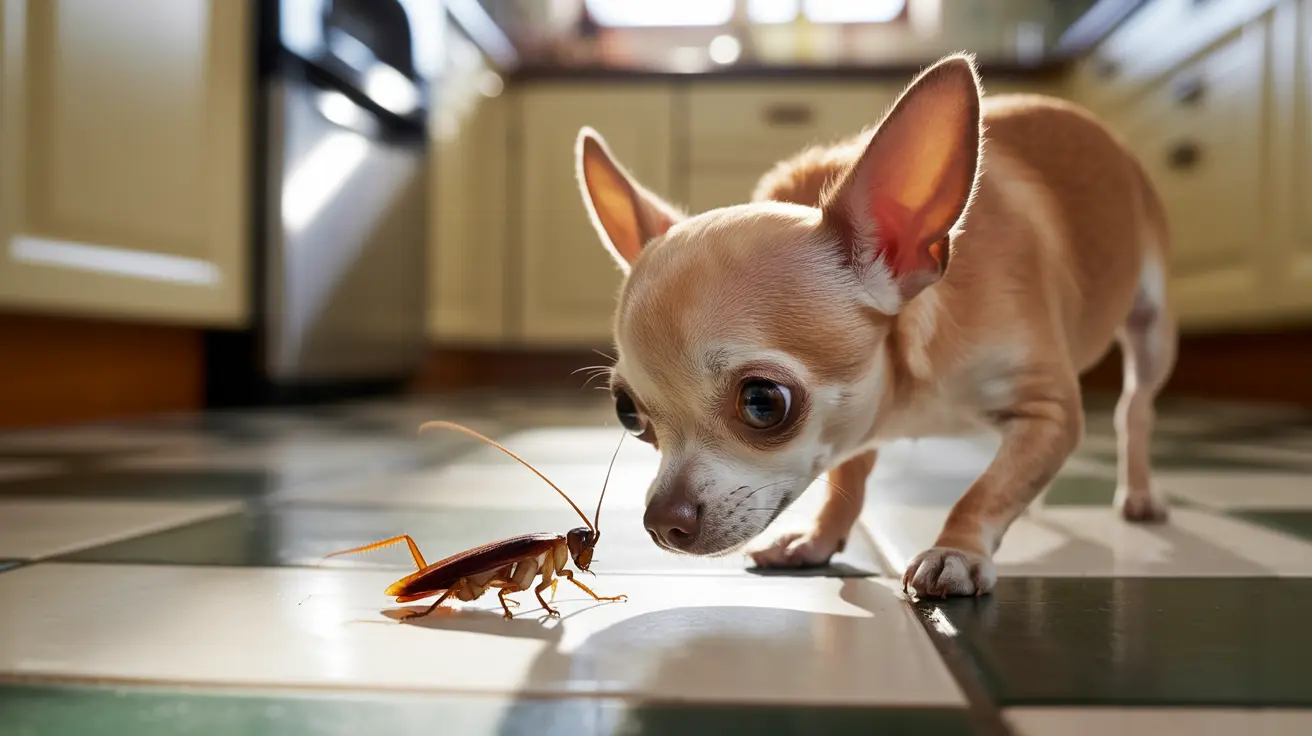 A tiny Chihuahua intently observing a cockroach on a kitchen floor