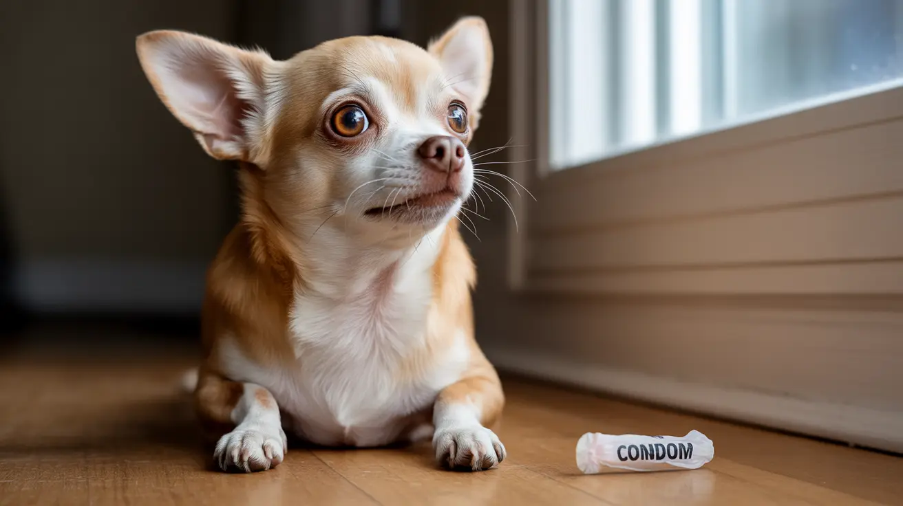 Small Chihuahua sitting attentively on wooden floor near window with condom packet nearby