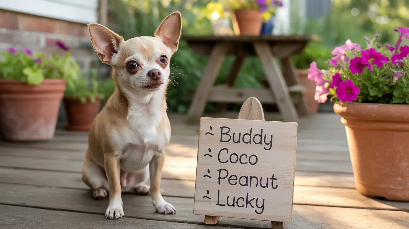 A small Chihuahua sitting on a wooden deck next to a sign with names