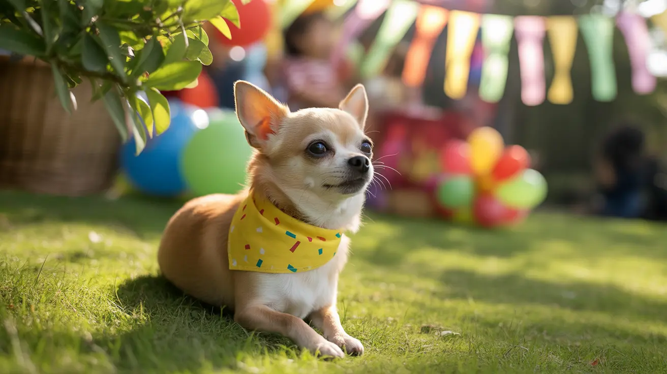 Chihuahua wearing a yellow sprinkle-patterned bandana sitting on grass at a festive outdoor celebration