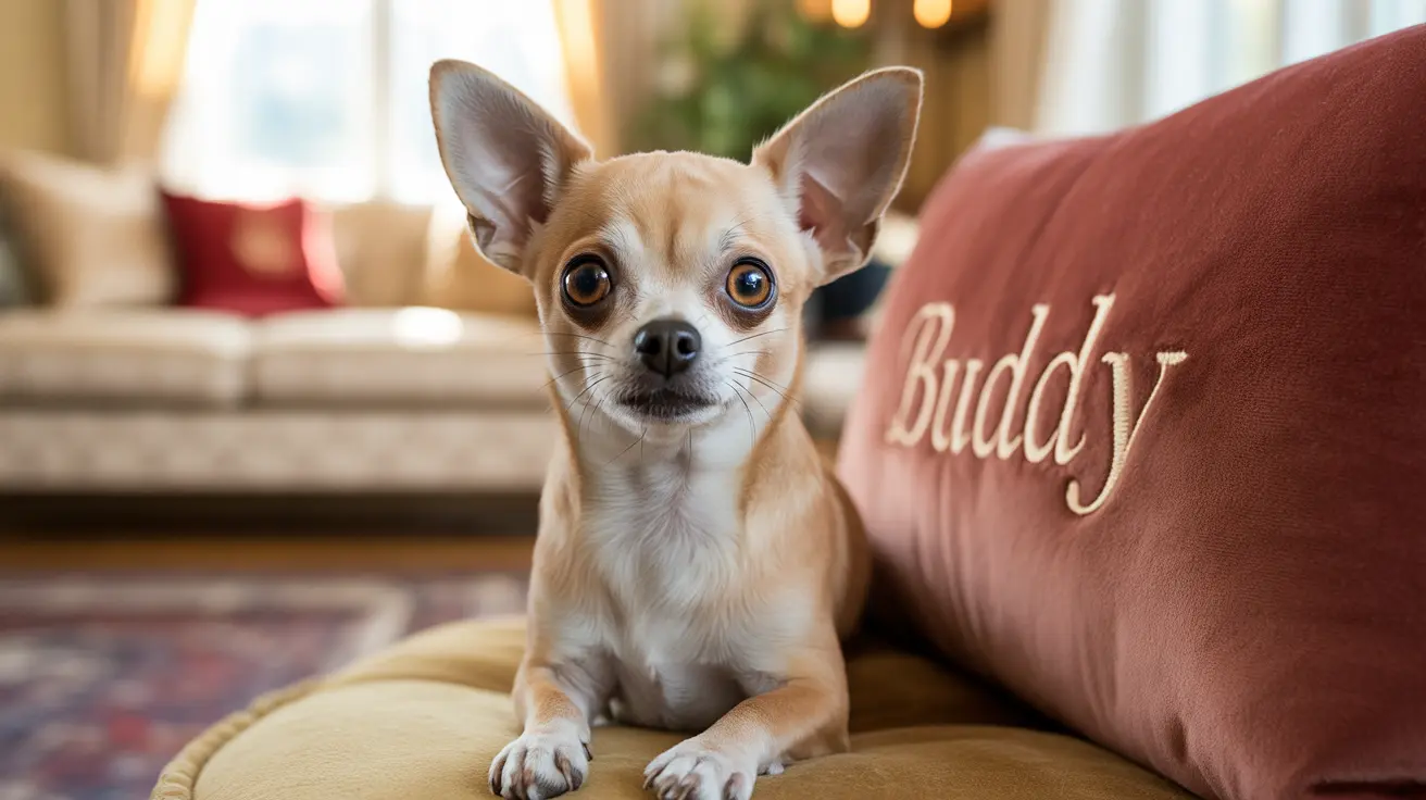 A small, alert Chihuahua sitting on a yellow cushion next to a pillow with 'Buddy' written on it