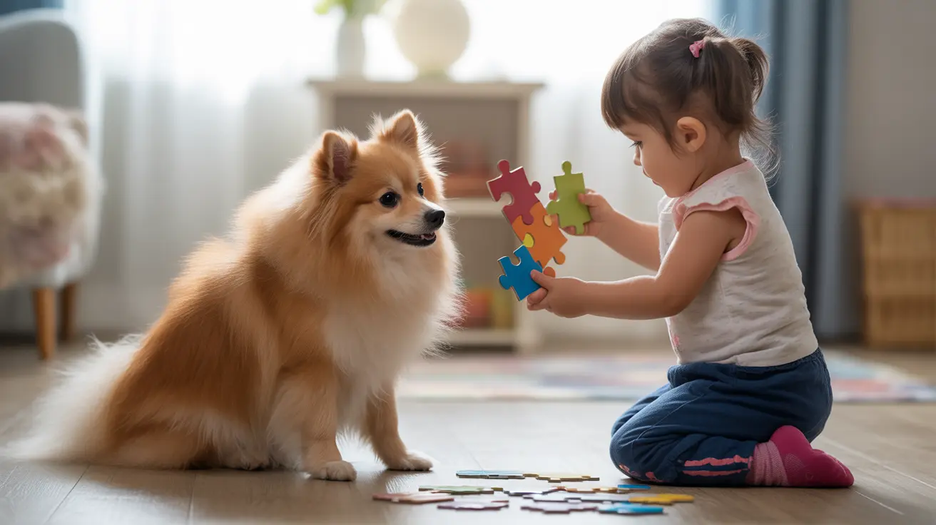 Un niño pequeño juega con piezas de rompecabezas coloridas mientras un perro pomeranio esponjoso está sentado cerca sobre un suelo de madera.