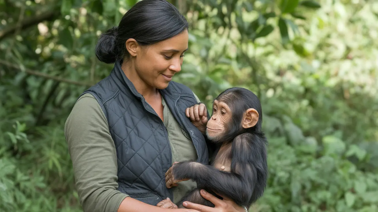 Portrait of Jane Goodall observing chimpanzees in the wild