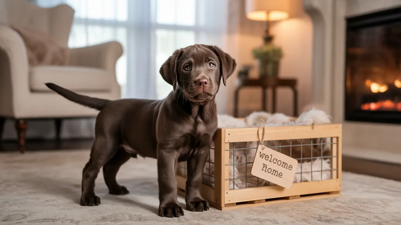 Un cachorro labrador chocolate joven de pie junto a una caja de madera con un letrero de 'Bienvenido a Casa' dentro de una acogedora sala de estar.