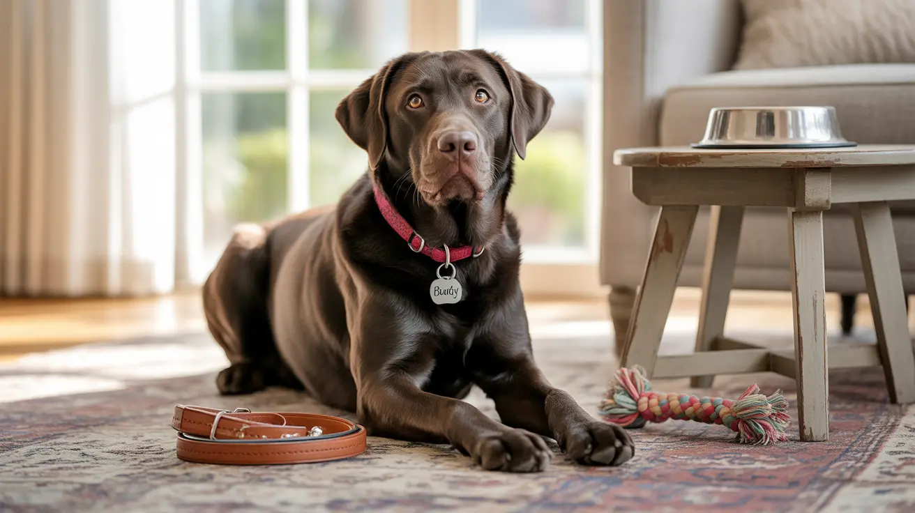 Un Labrador Retriever de chocolate sentado tranquilamente sobre una alfombra estampada cerca de una pequeña mesa auxiliar y una ventana.