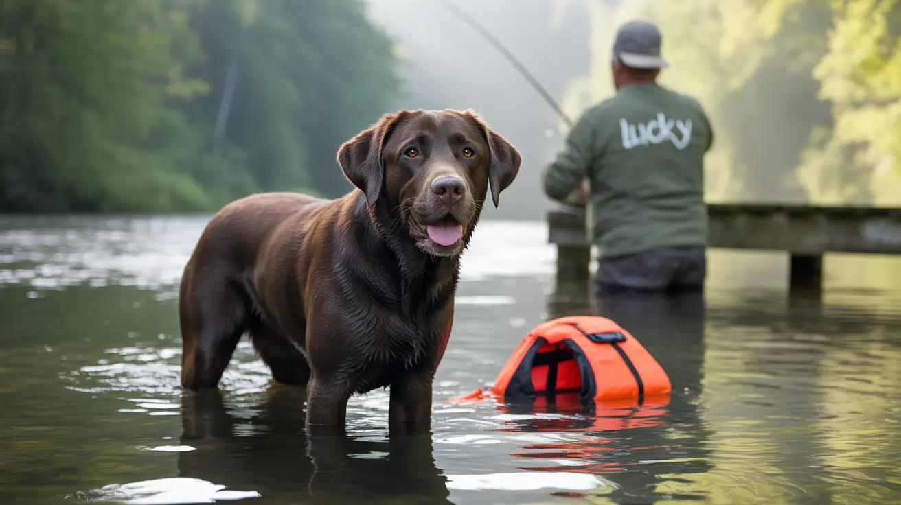 Chocolate Labrador in a river with an orange flotation device, fishing scene in background