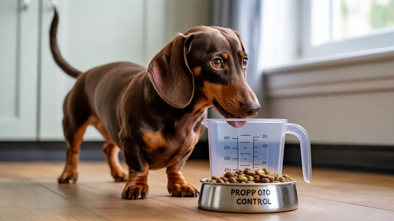 Chocolate and tan dachshund standing near a measuring cup and food bowl