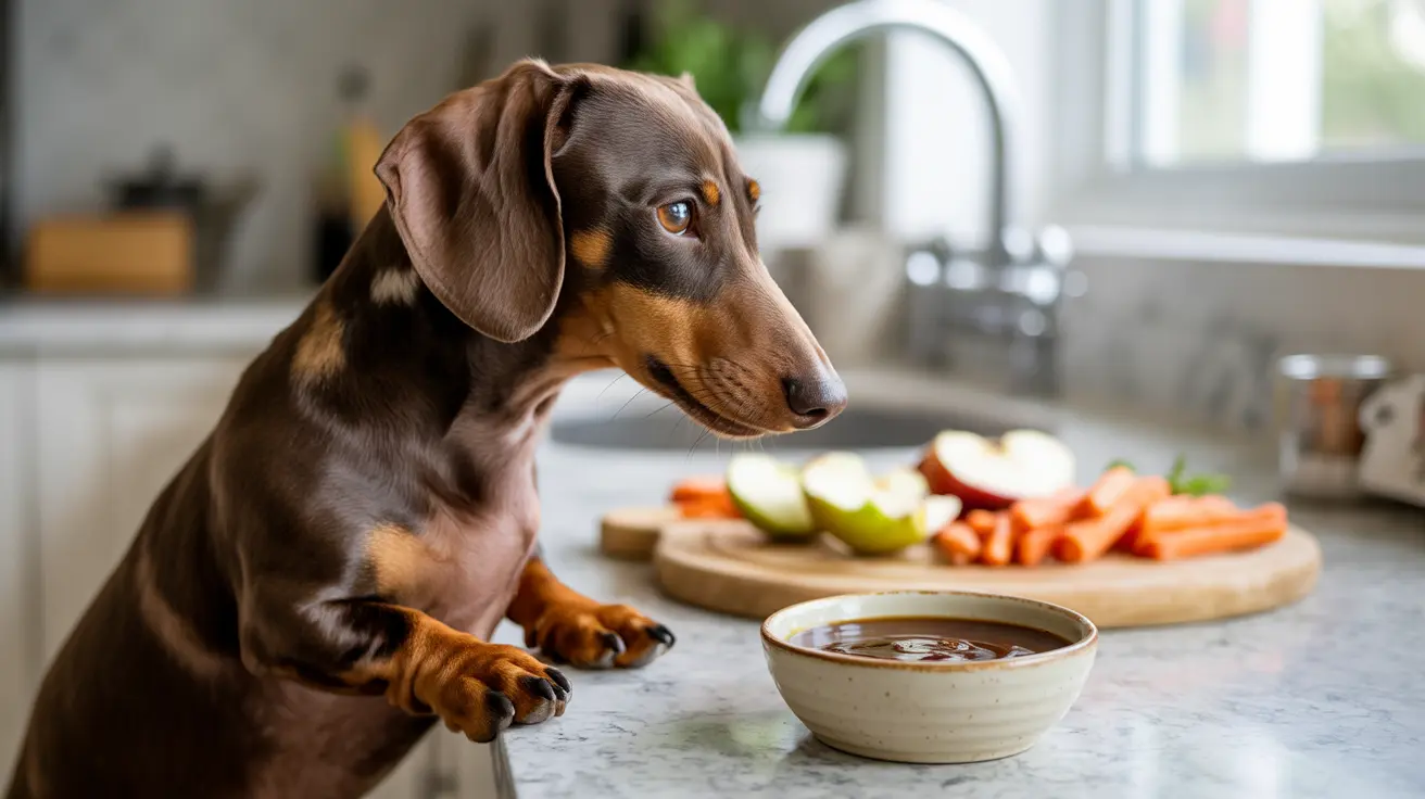 Chocolate and tan Dachshund standing attentively in a kitchen near a cutting board with fresh vegetables