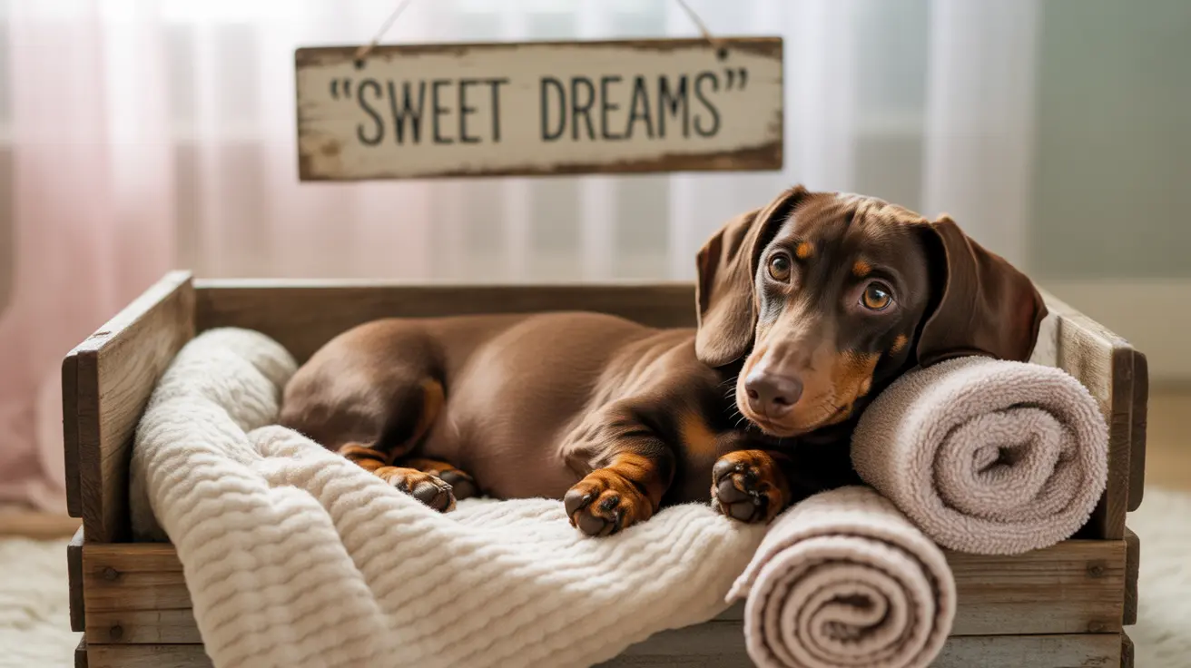 Un chiot teckel chocolat et feu se reposant confortablement dans une caisse en bois avec des serviettes blanches douces