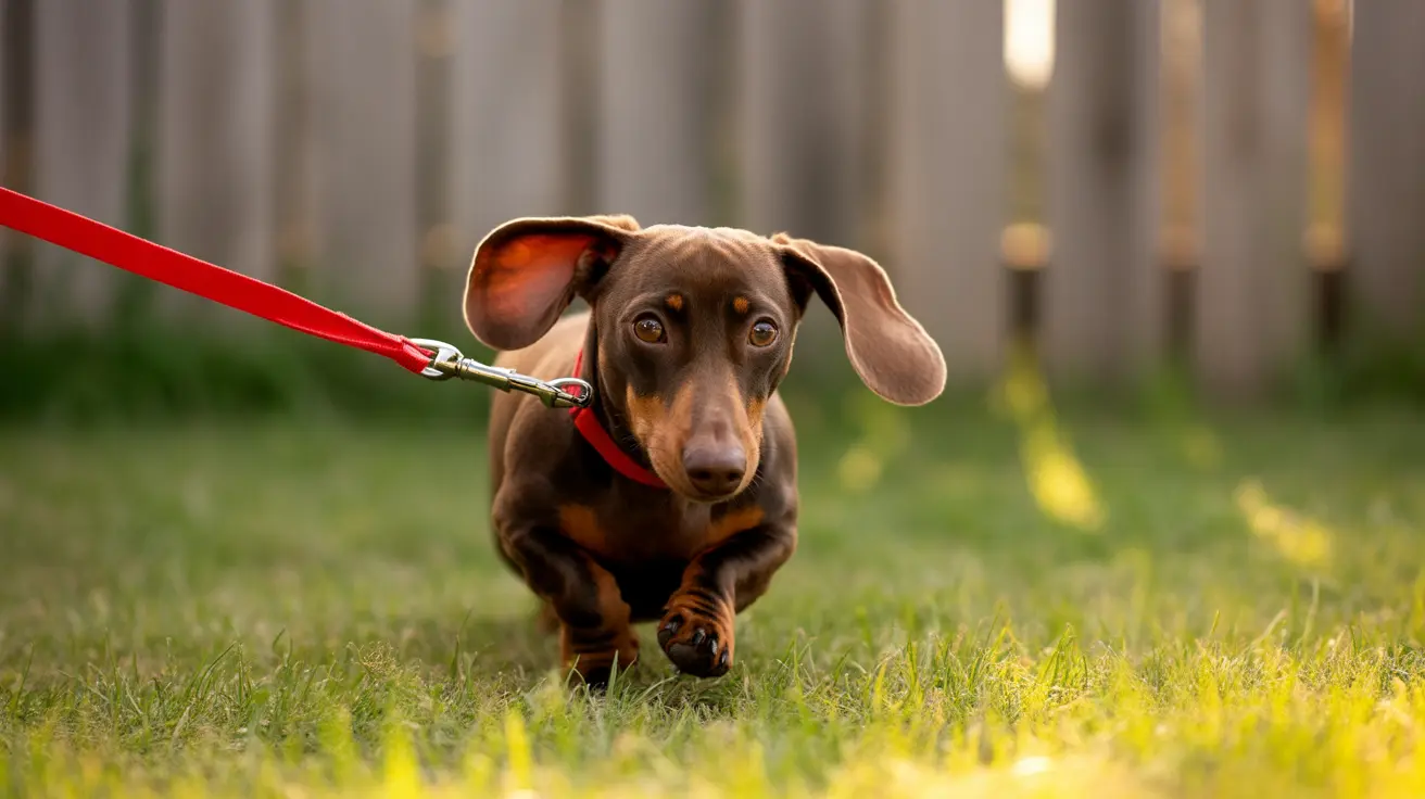 A chocolate and tan Dachshund running on grass with a red leash attached