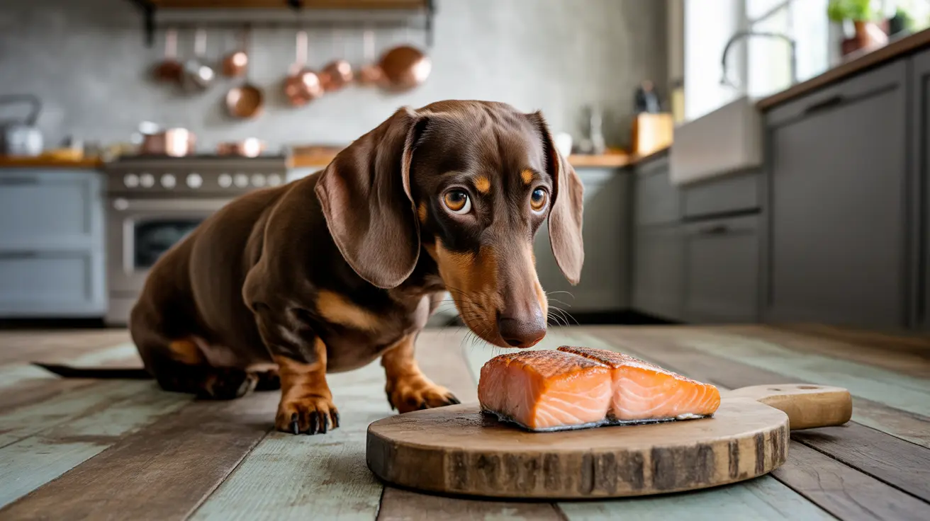 Chocolate and tan Dachshund looking intently at a fresh salmon fillet on a wooden cutting board in a modern kitchen