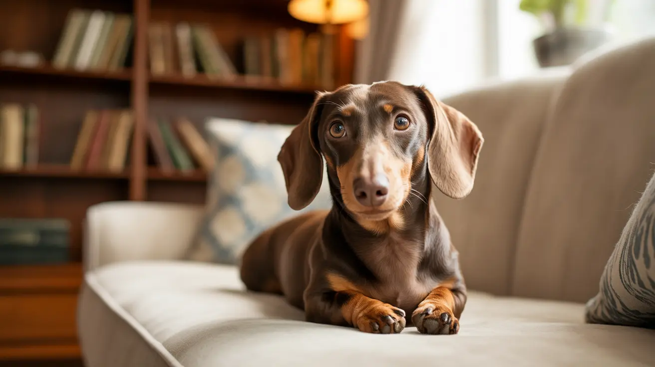 A chocolate and tan dachshund sitting attentively on a light-colored couch with a bookshelf in the background