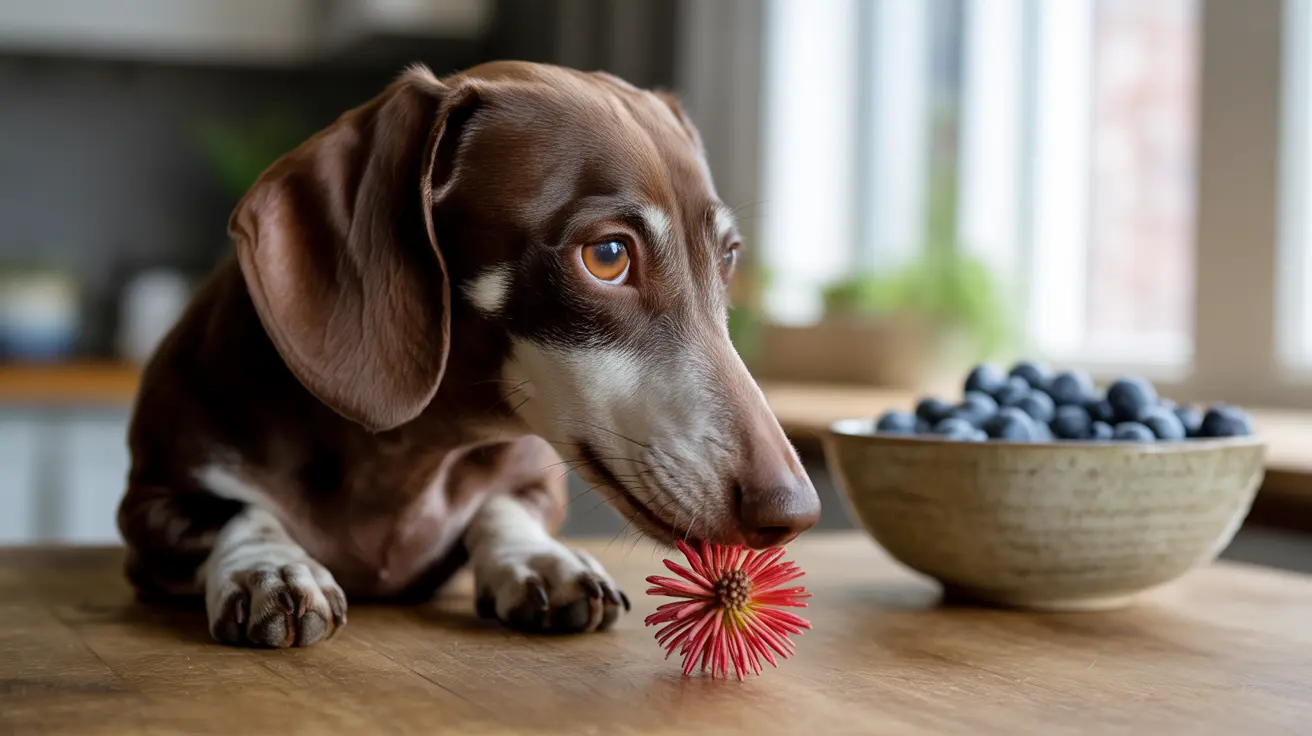 Chocolate and white Dachshund near a bowl of blueberries with a red flower