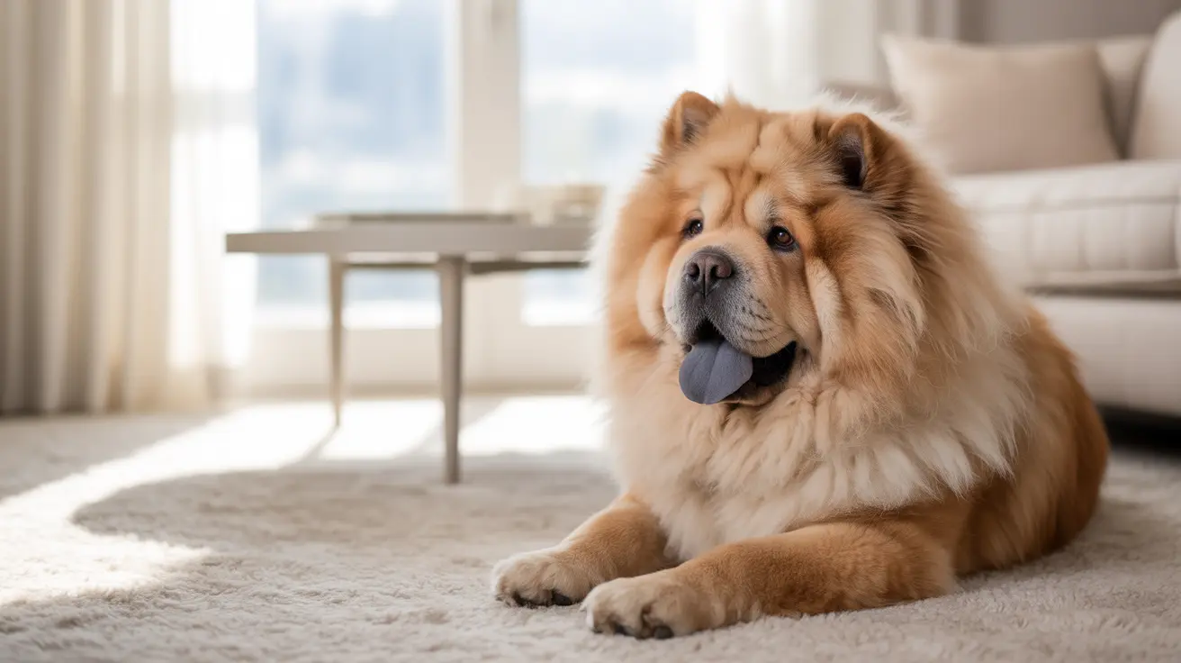A fluffy Chow Chow dog relaxing on a beige carpet near natural light.