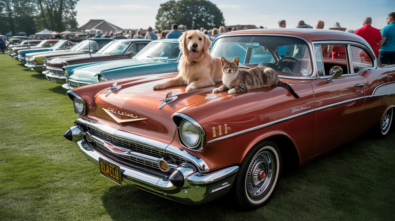 Classic cars displayed outdoors with adoptable cats and dogs during Angels for Animals adoption event in Canfield