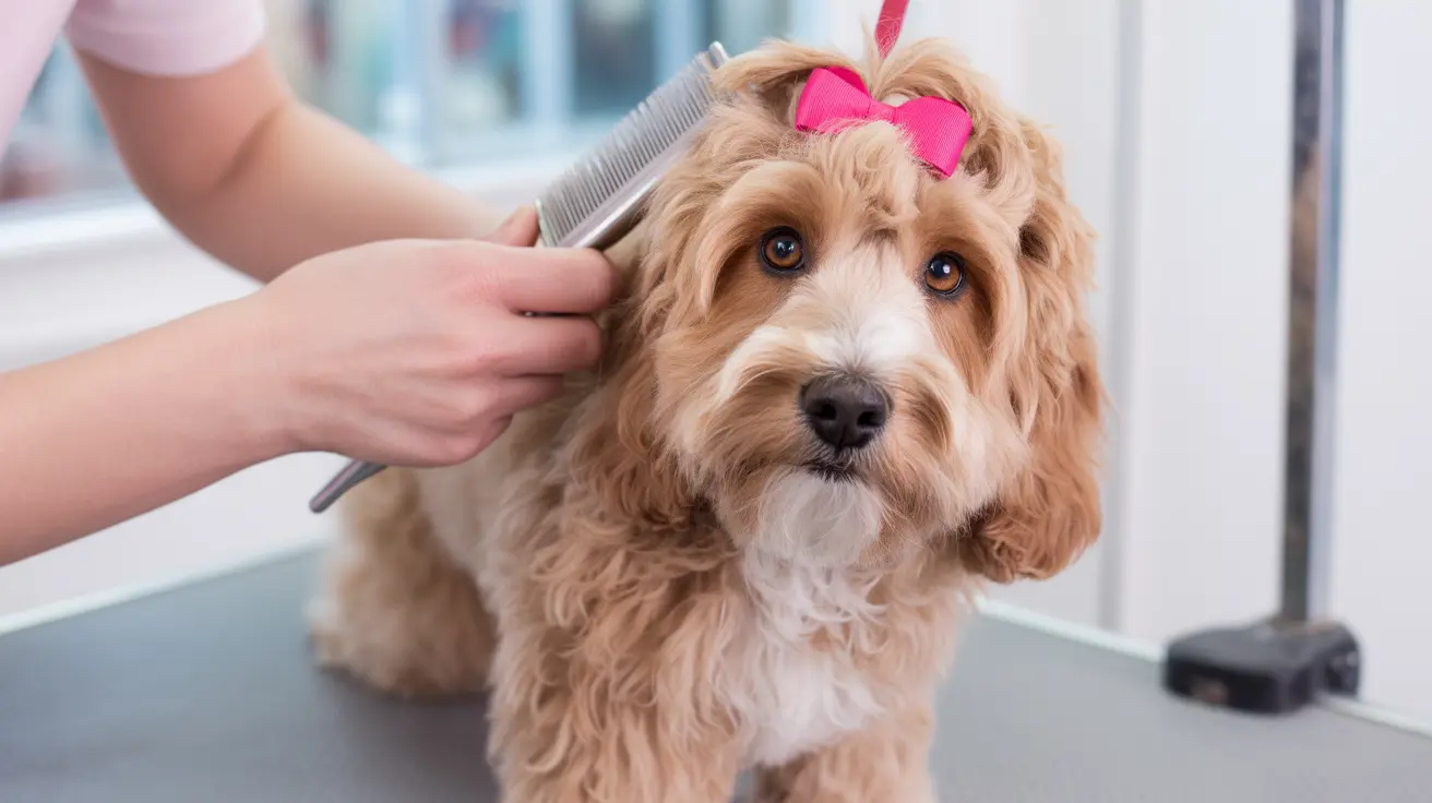 A fluffy Cockapoo dog getting groomed with a pink bow in its hair
