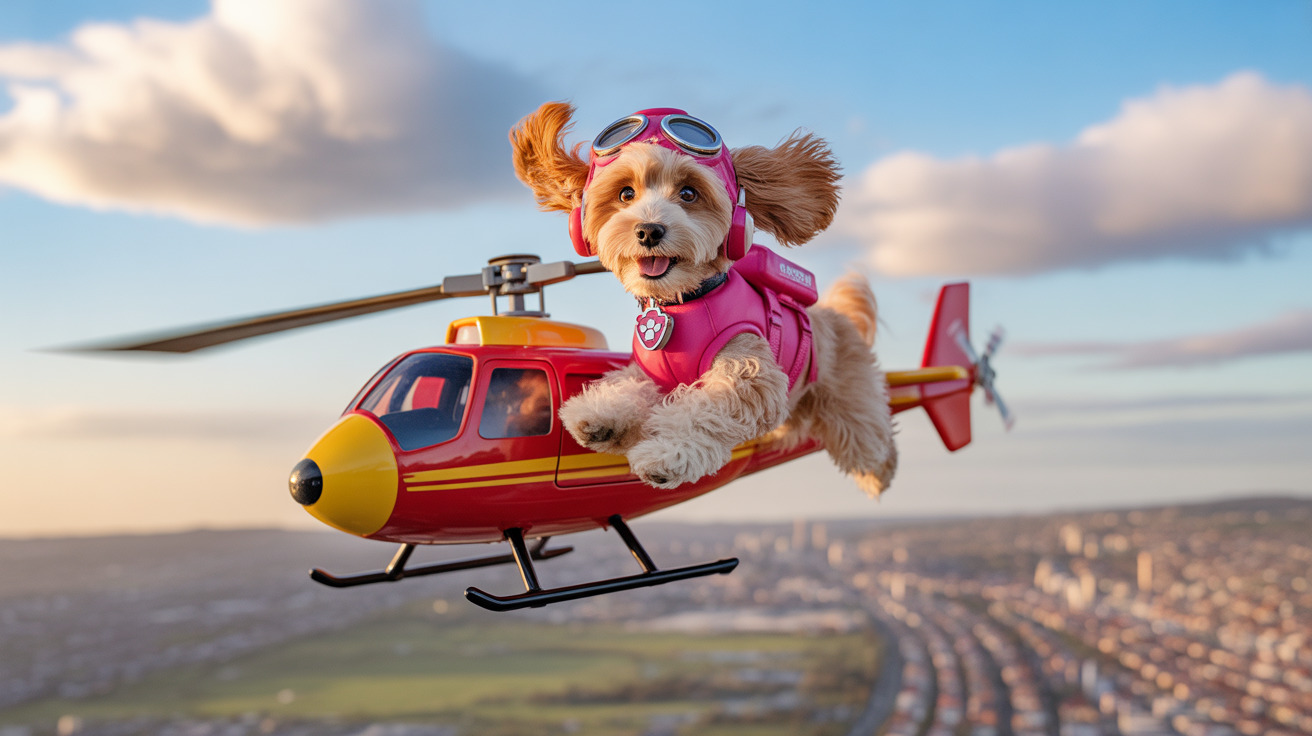 A small dog dressed as a pilot, wearing goggles and a pink outfit, sitting in a red helicopter mid-flight over a cityscape