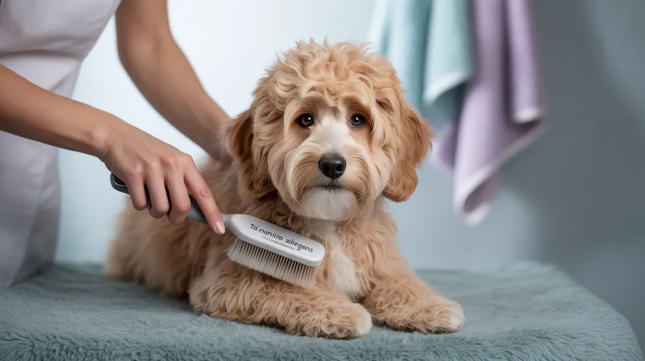 A fluffy, light golden Cockapoo puppy being groomed with a white brush on a soft blue-gray surface.
