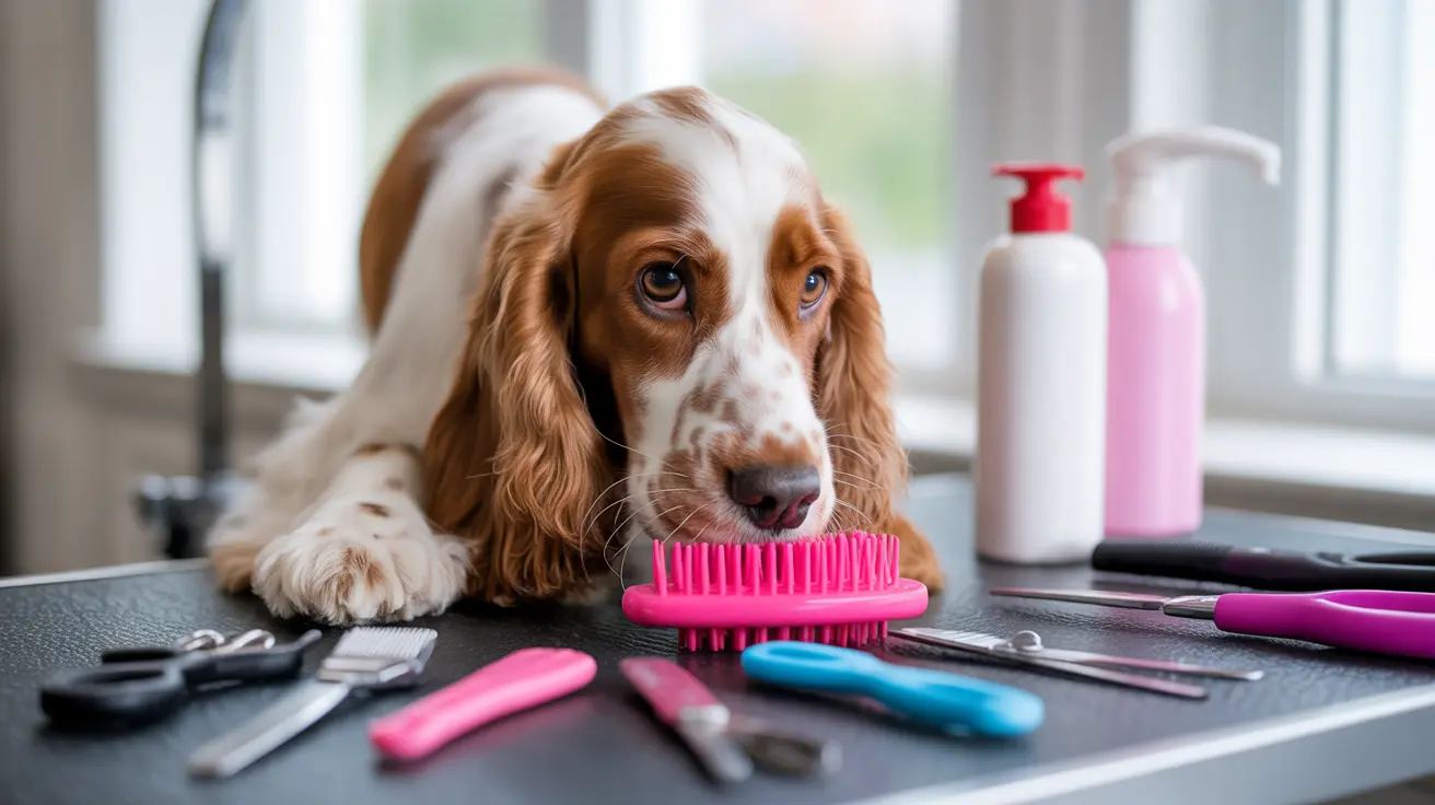 A Cocker Spaniel resting on a grooming table surrounded by pet grooming tools and supplies