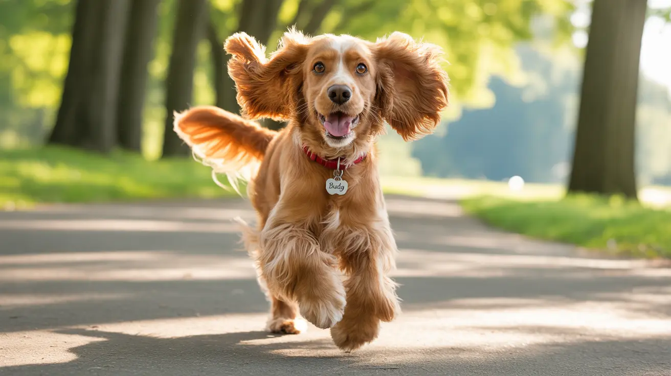 A happy Cocker Spaniel running playfully along a tree-lined path with a bright and joyful expression.