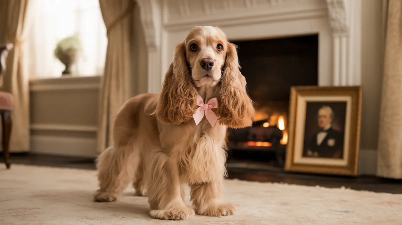 An elegantly posed Cocker Spaniel wearing a pink bow, standing in a sophisticated living room near a fireplace