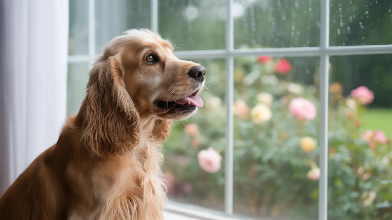 A golden-colored Cocker Spaniel sitting calmly by a window, looking out at a rainy garden with blooming roses