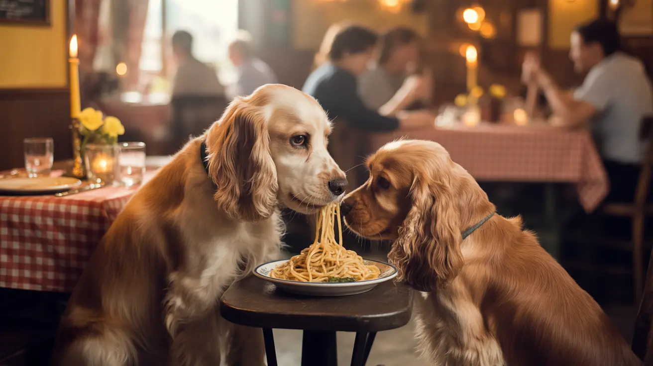 Dois Cocker Spaniels compartilhando um prato de espaguete em um restaurante acolhedor, recriando uma cena reminiscenta de 'A Dama e o Vagabundo'.