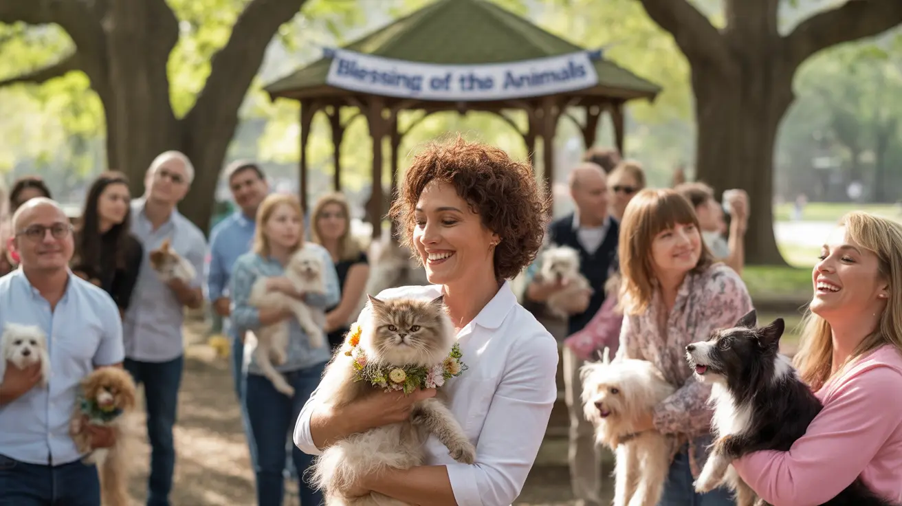 Pet owners with their leashed dogs and caged birds attending a community animal blessing ceremony