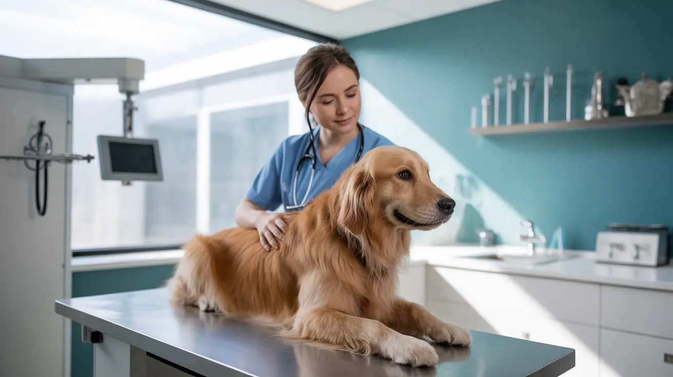 Un Golden Retriever acostado sobre una mesa de examen mientras es examinado suavemente por una veterinaria con uniforme azul
