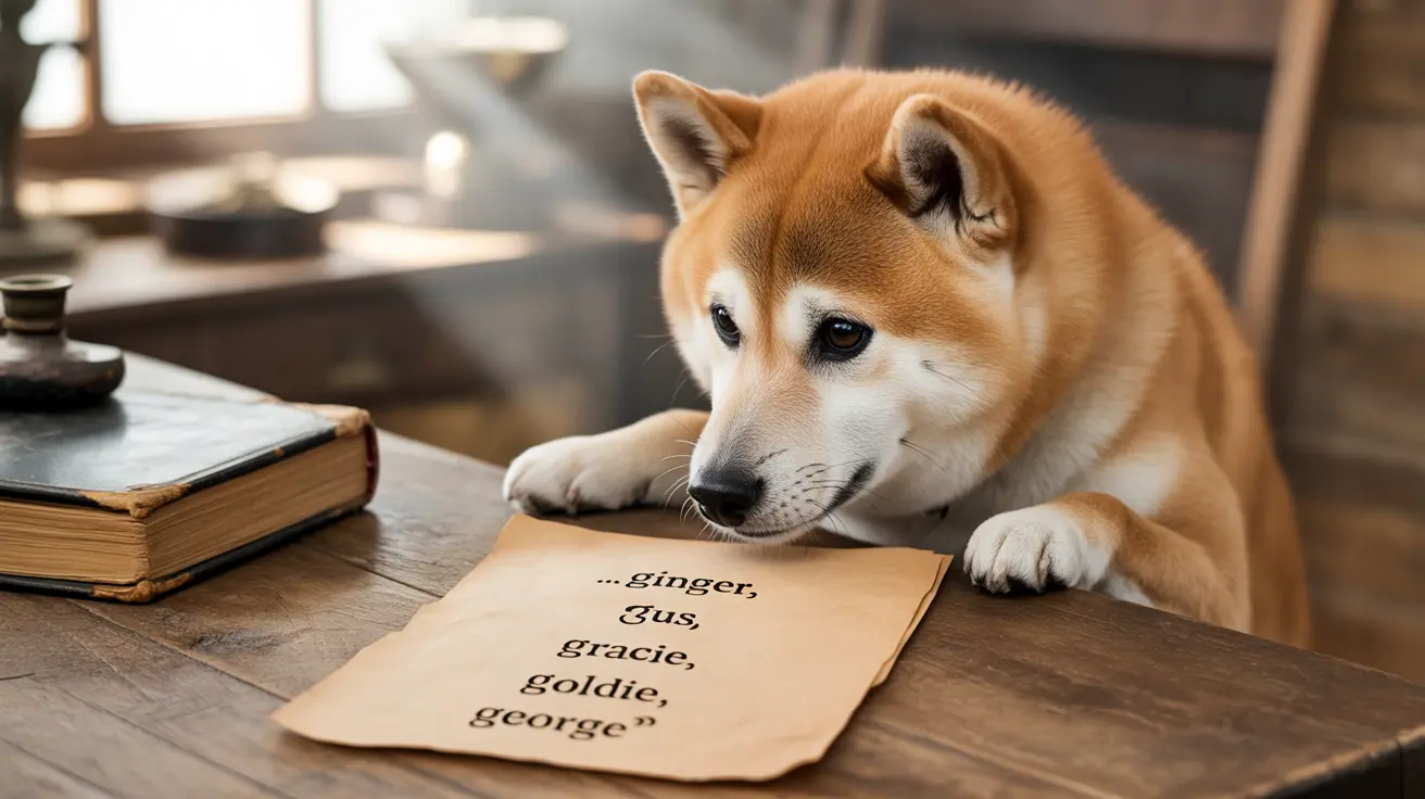 Un Shiba Inu contemplativo está sentado en un escritorio de madera con una lista de nombres frente a él.