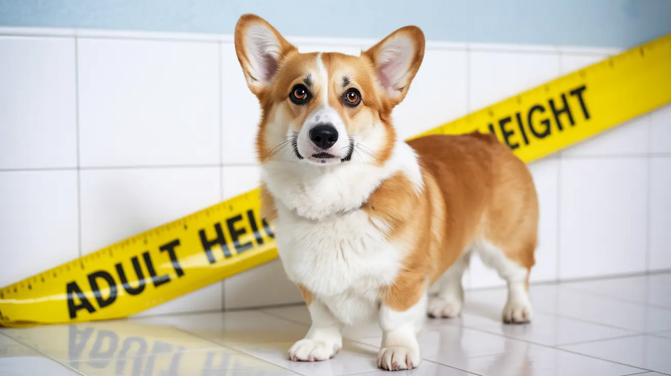 A Corgi standing on a white tiled floor with yellow 'Adult Height' measurement tape in the background