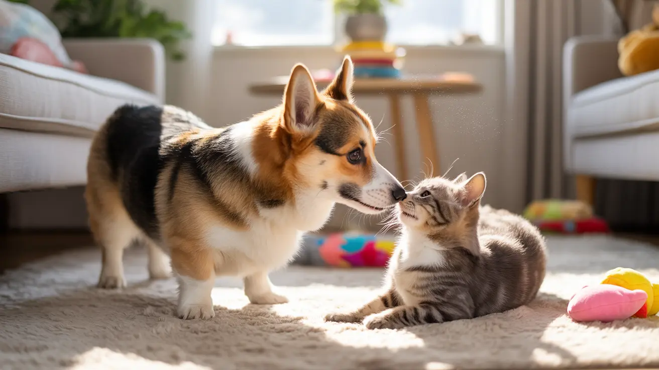 A Corgi dog and a tabby cat interacting closely on a carpet in a bright, sunlit living room