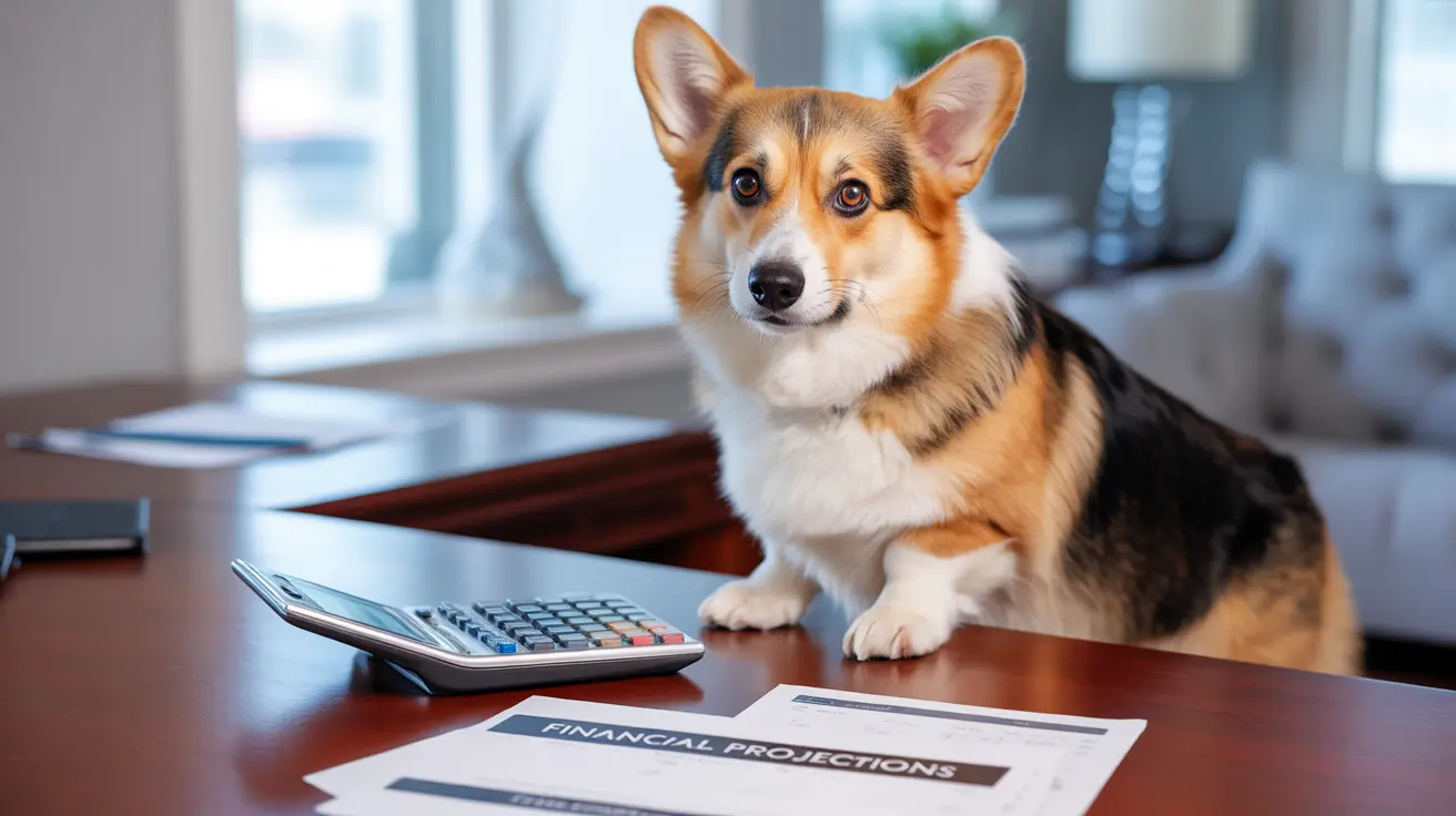 A Corgi sitting at a desk with a calculator and financial projections document