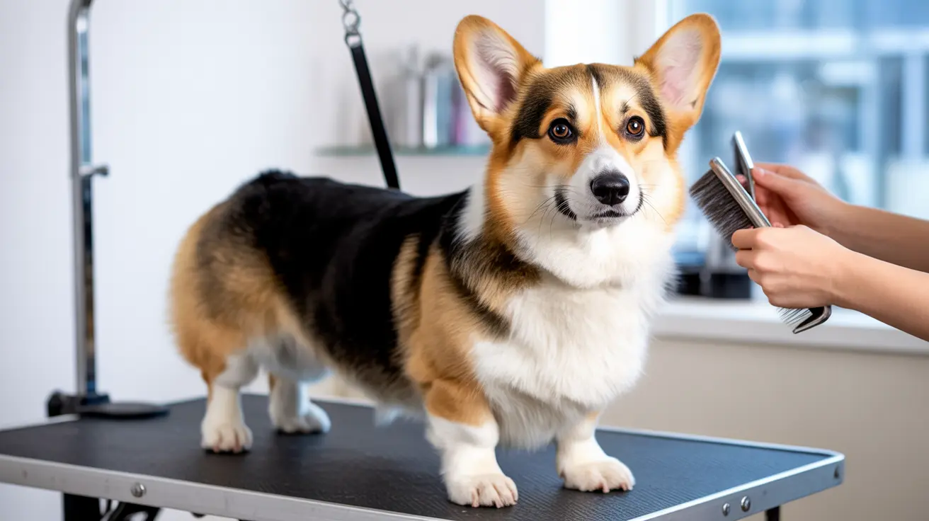 Un Corgi tricolor está de pie sobre una mesa de peluquería mientras un peluquero profesional lo cepilla cuidadosamente el pelaje.