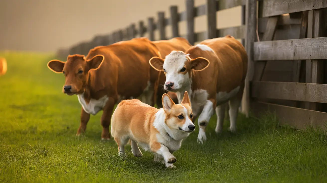 A Corgi walking in front of two dairy cows in a grassy pasture with a wooden fence
