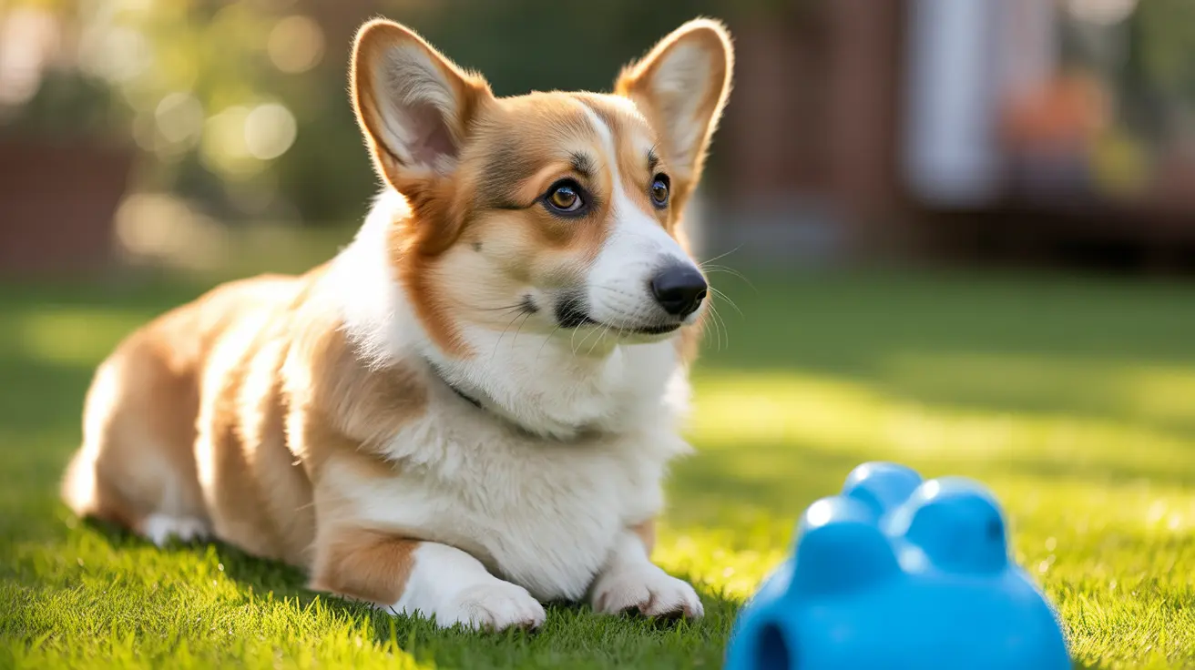 Um Corgi sentado atentamente em um gramado verde e exuberante com um brinquedo azul próximo