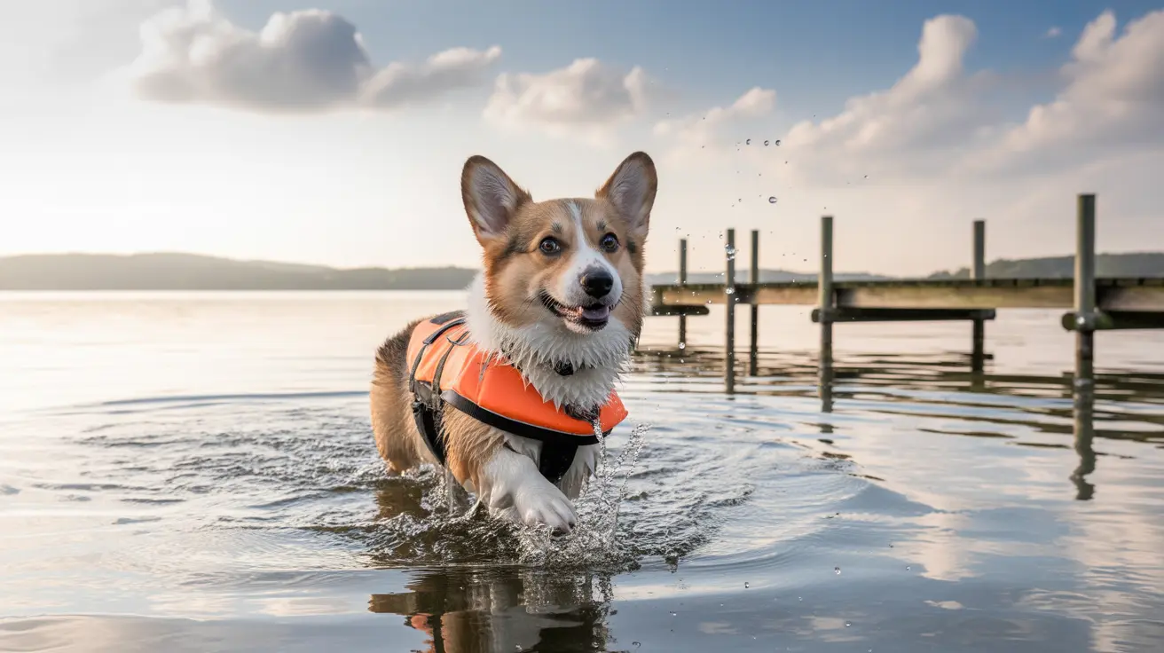 A cheerful Corgi wearing an orange life vest walking through water near a dock at sunset