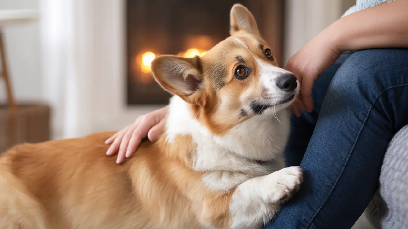 A Corgi resting comfortably near a fireplace, being gently petted by a person